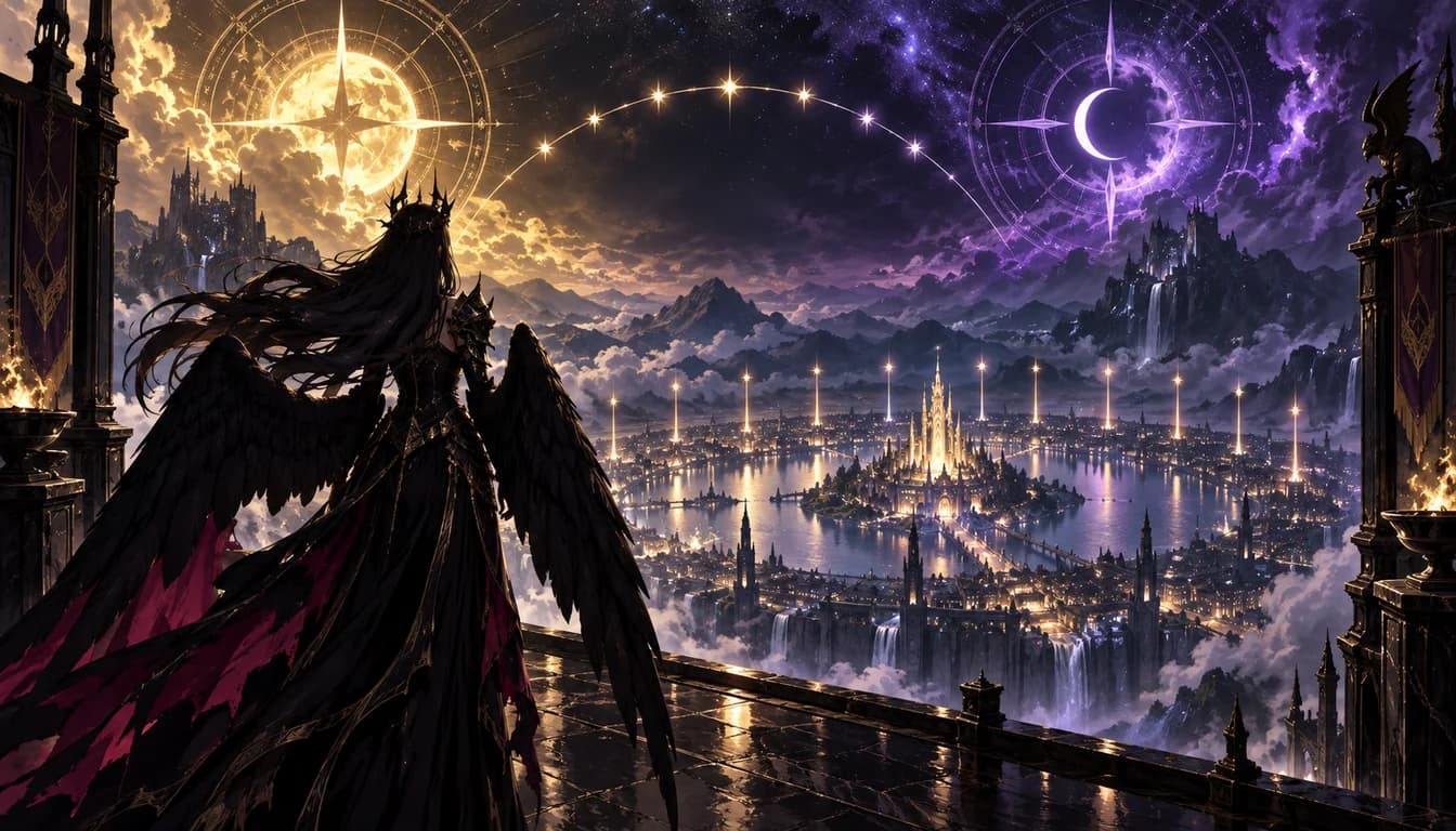Original fantasy illustration of a black-winged ruler overlooking a circular city beneath two celestial clocks