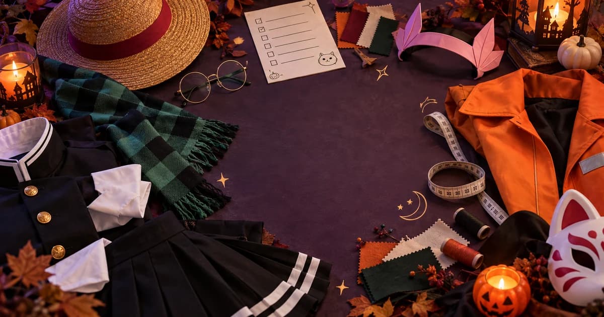 Original Halloween costume planning flat lay with generic clothing, a straw hat, scarf, glasses, fabric swatches, and safe accessories