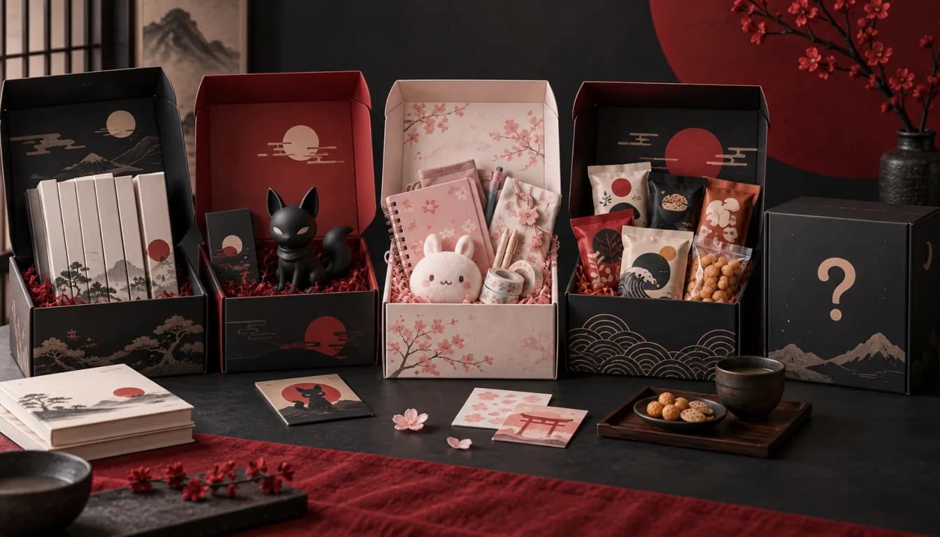 Five original subscription boxes containing blank manga, a generic figure, kawaii stationery, snacks and a mystery parcel