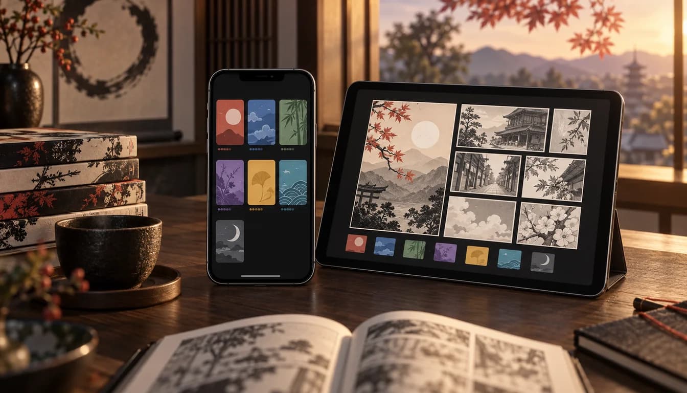 Original phone and tablet screens showing seven abstract legal manga reading service cards