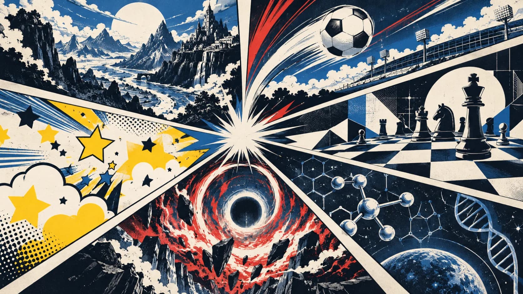 Abstract manga panels representing adventure, sport, strategy, science, comedy, and action