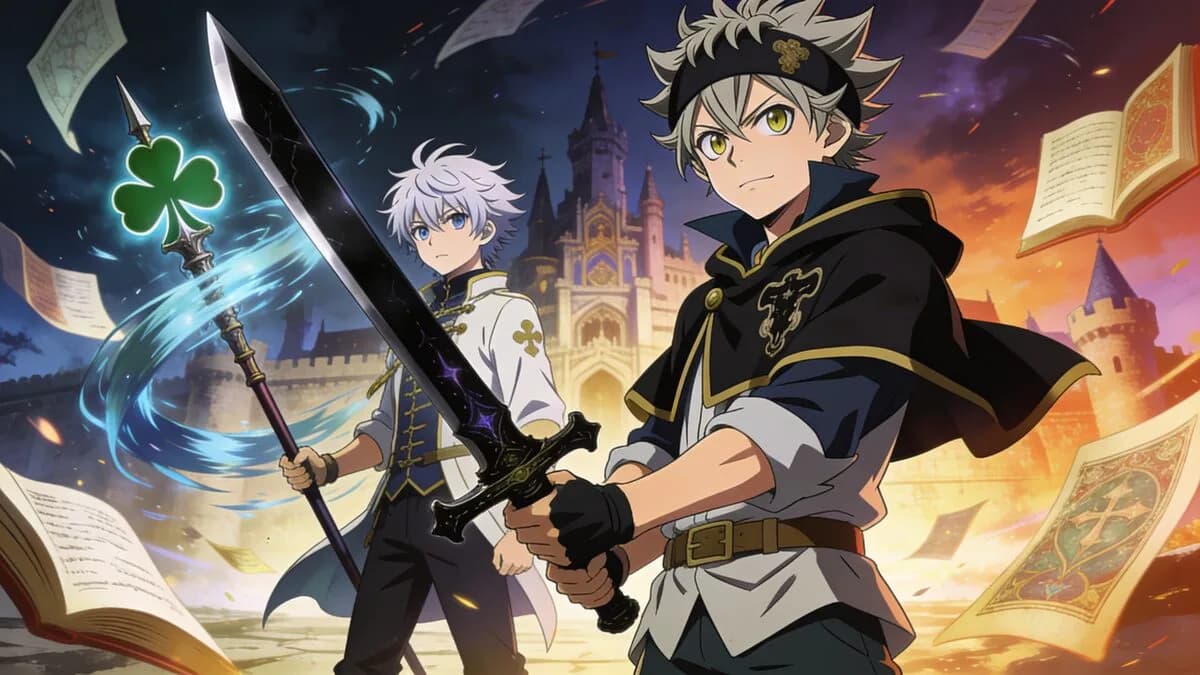 Asta and Yuno from Black Clover standing before the Clover Kingdom castle with grimoire pages swirling around them