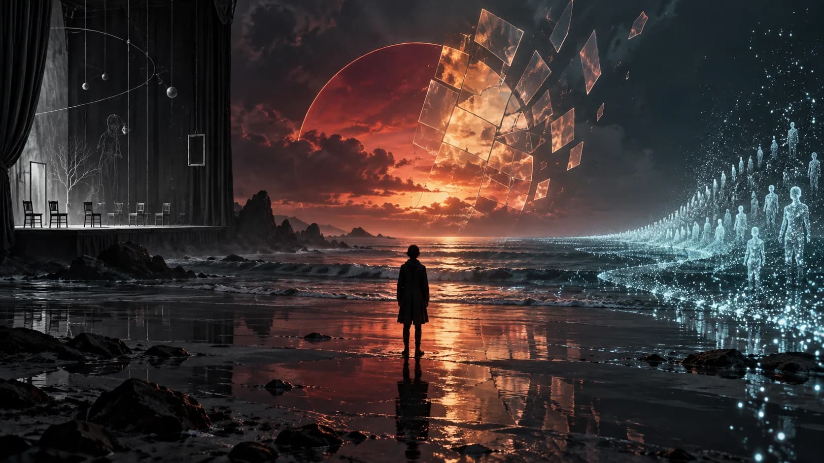 A solitary figure between an empty stage, shattered red horizon, and returning individual lights