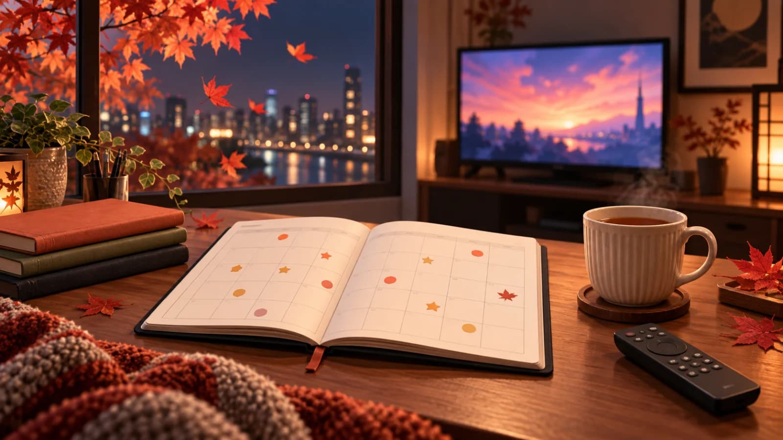 Autumn watchlist calendar beside a television remote and warm maple leaves