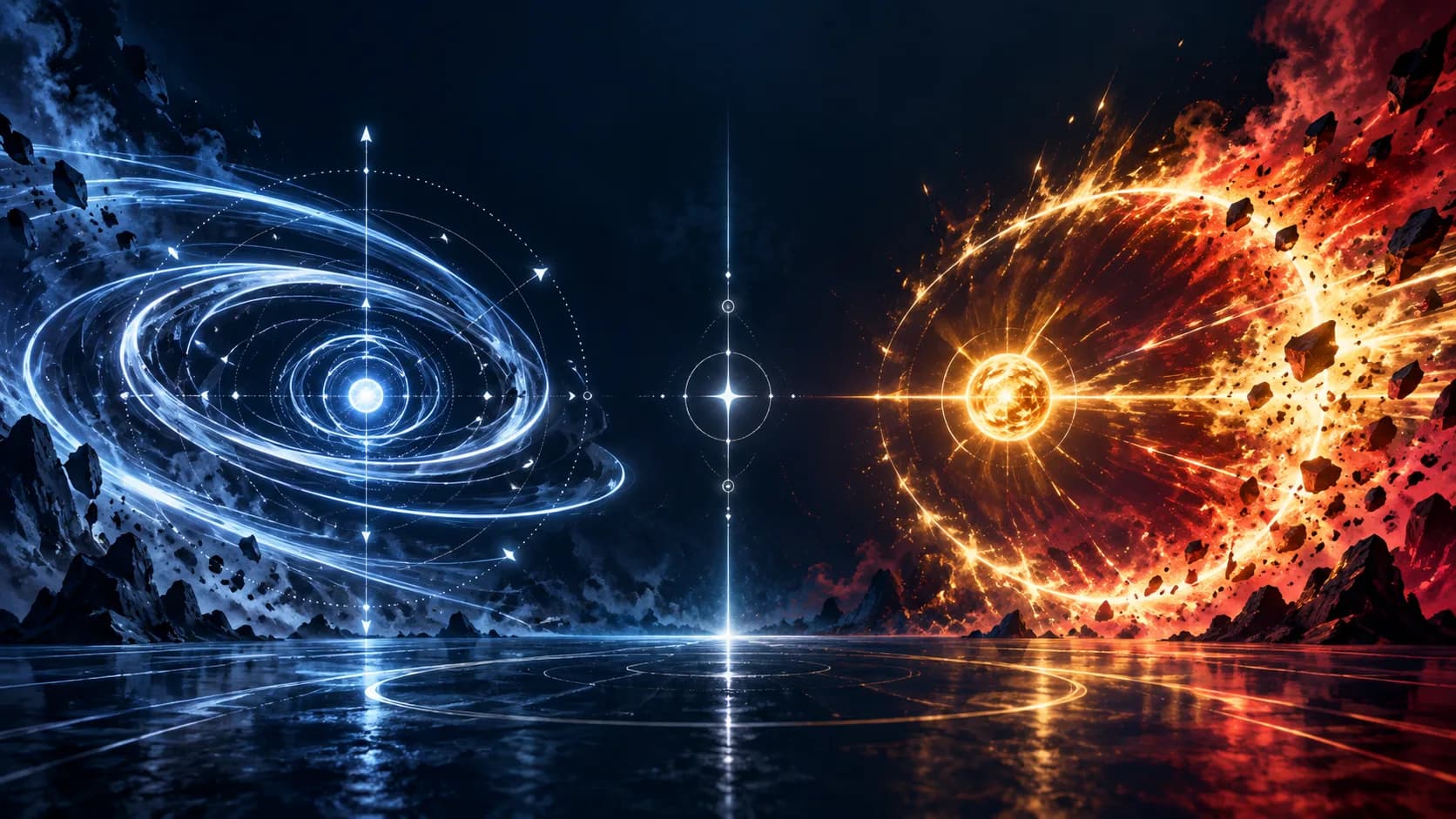 Blue tactical energy and a gold shockwave facing across a neutral comparison arena