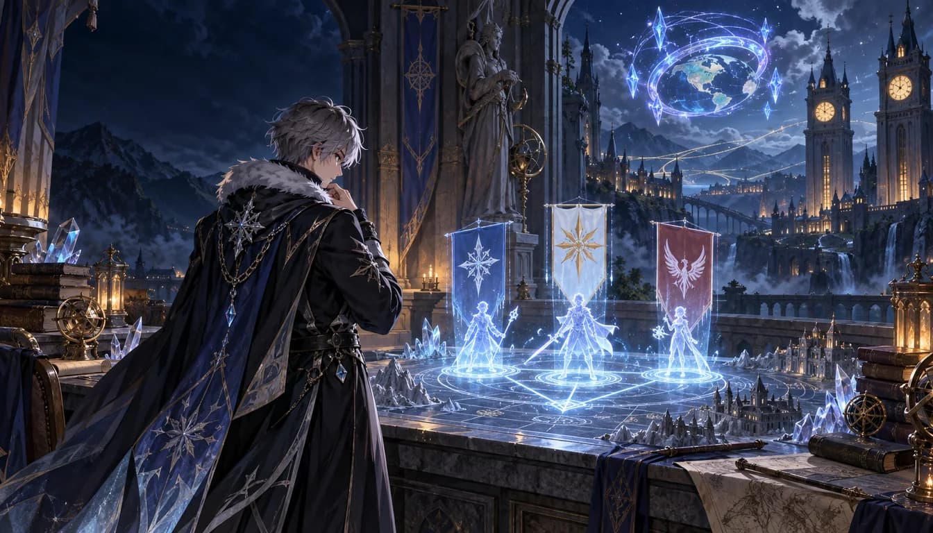 Original fantasy illustration of an ice mage studying a three-person academy tournament formation beside separate clock towers