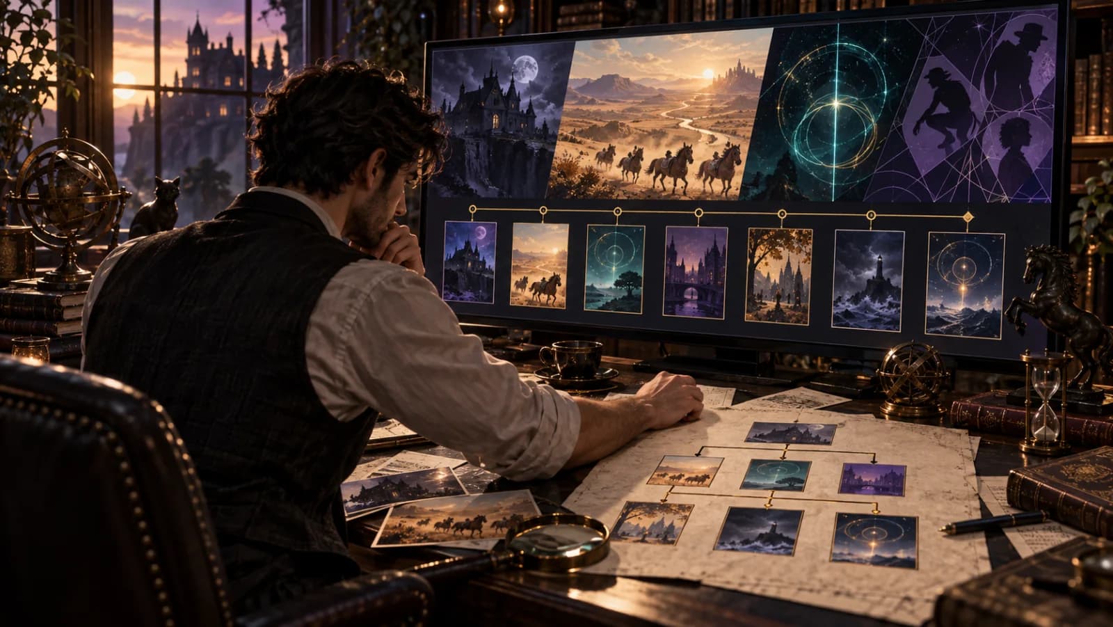 Researcher arranging seven illustrated cards into a branching anime watch-order timeline
