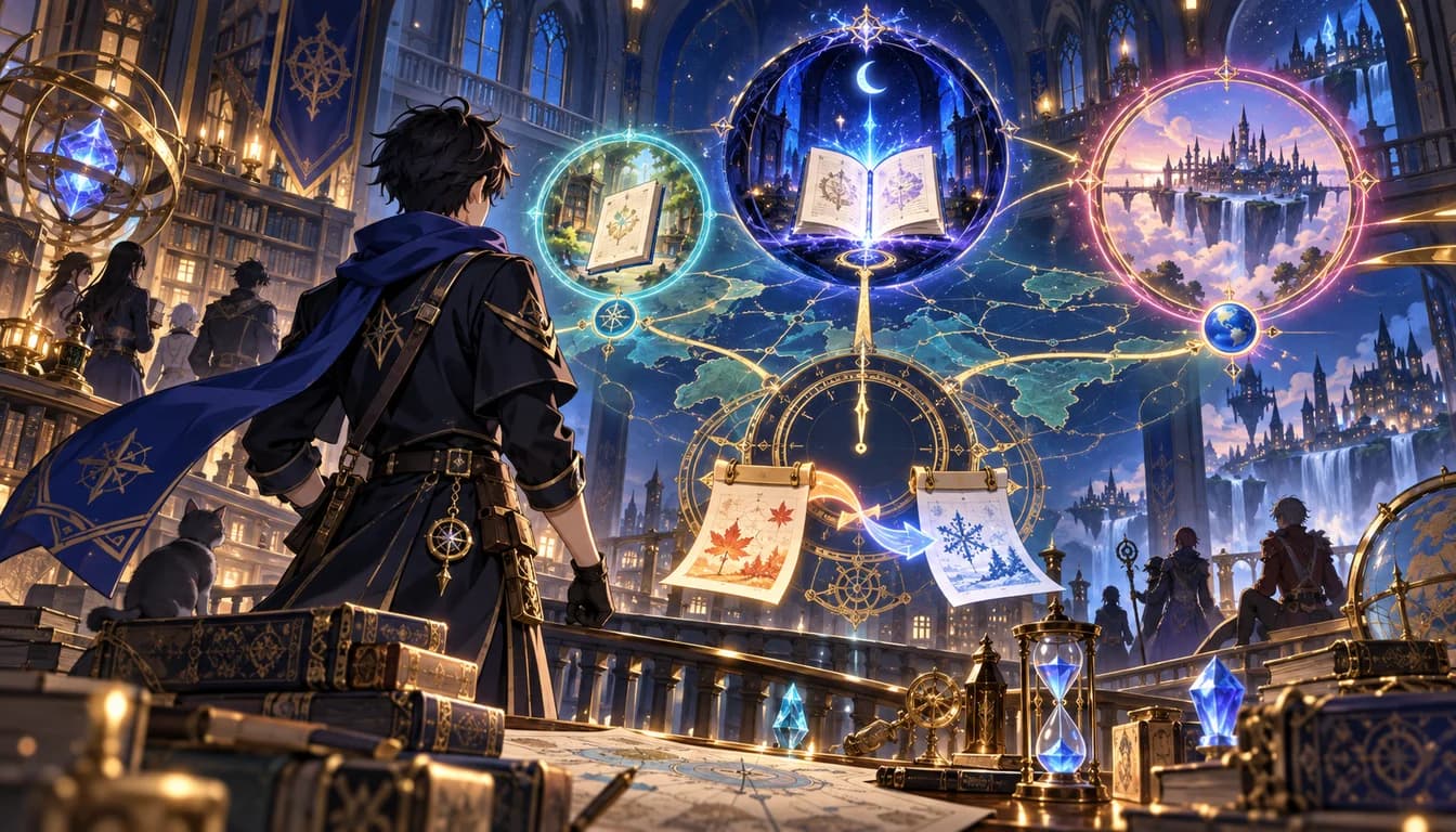 Original fantasy illustration of an academy explorer choosing among glowing preview, midnight and global streaming portals