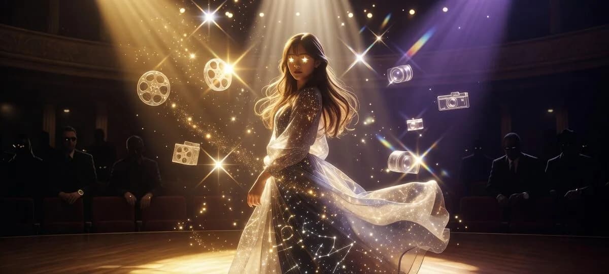 A performer in a sparkling white dress stands under stage lights surrounded by floating film reels and cameras.