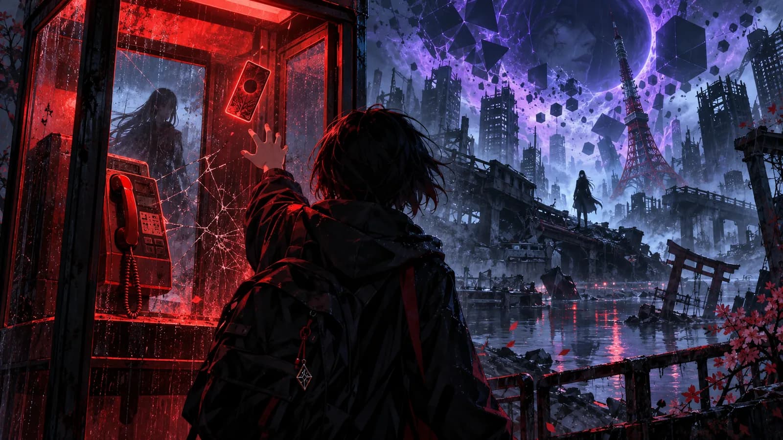 Original illustration of a teenager reaching for a glowing red card beside a rain-soaked phone booth and ruined futuristic city