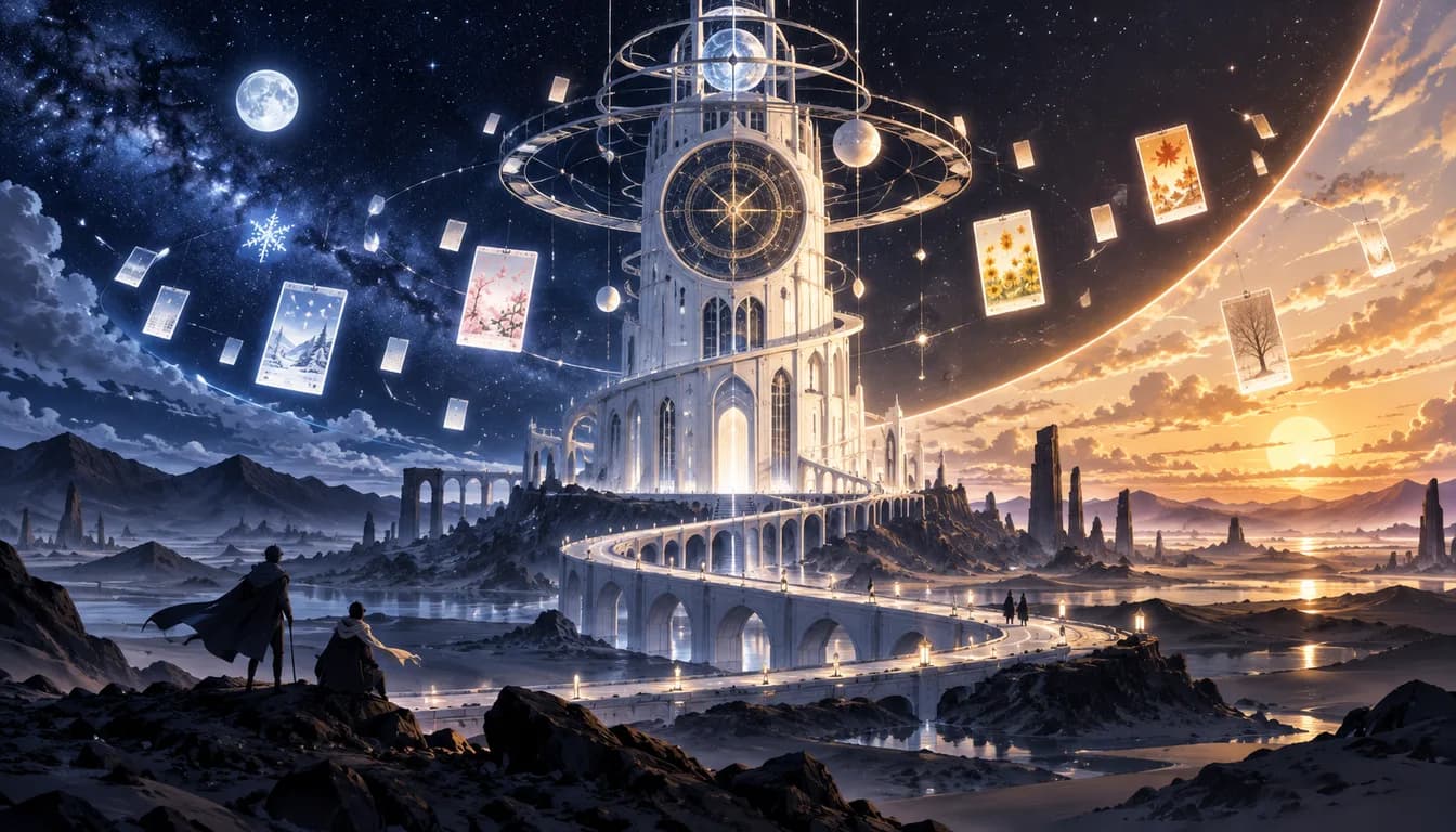 Original fantasy illustration of an astronomical watchtower between night and day with floating calendar cards