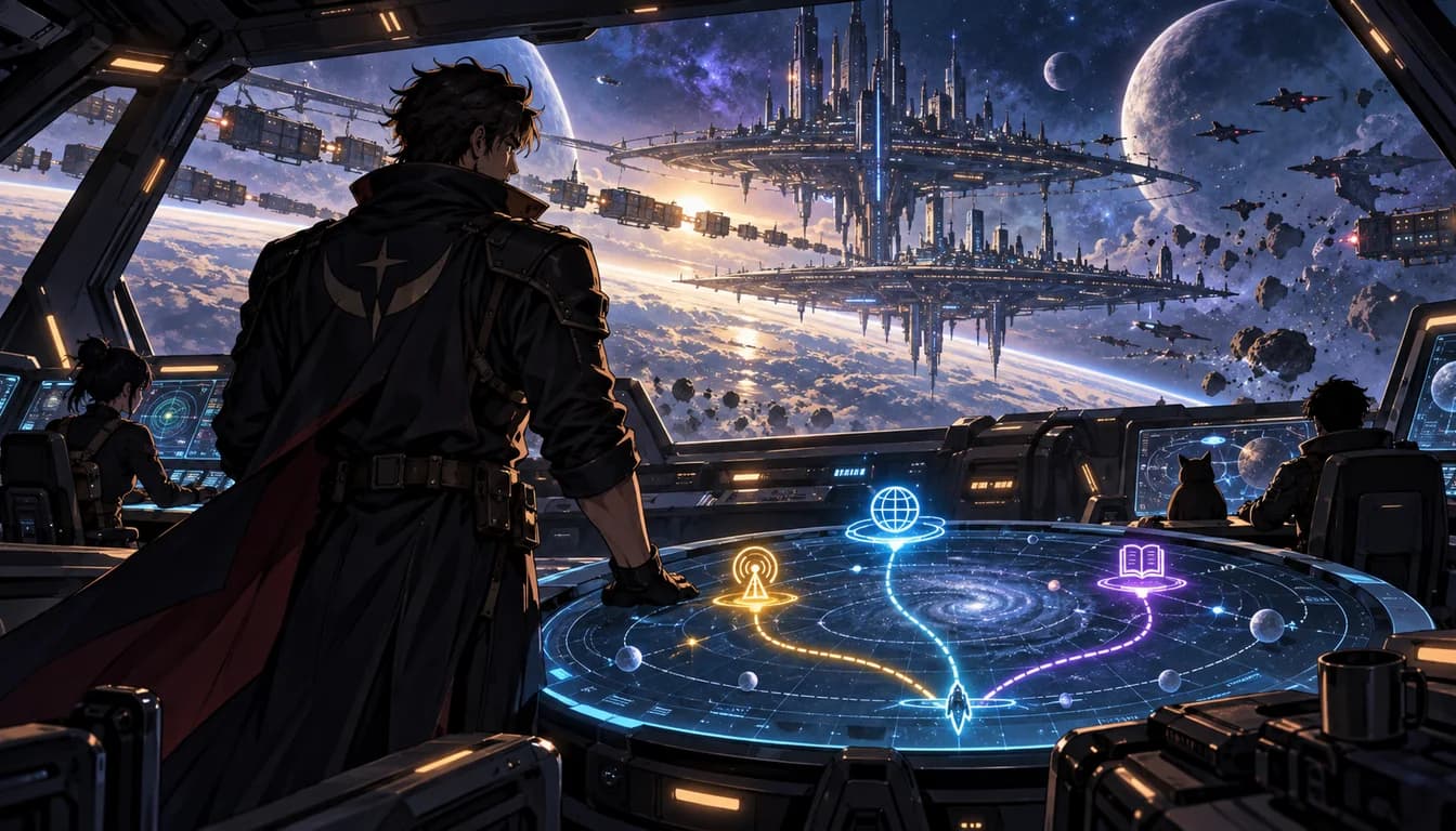 Original science-fiction illustration of a space mercenary captain navigating an orbital city from a starship cockpit