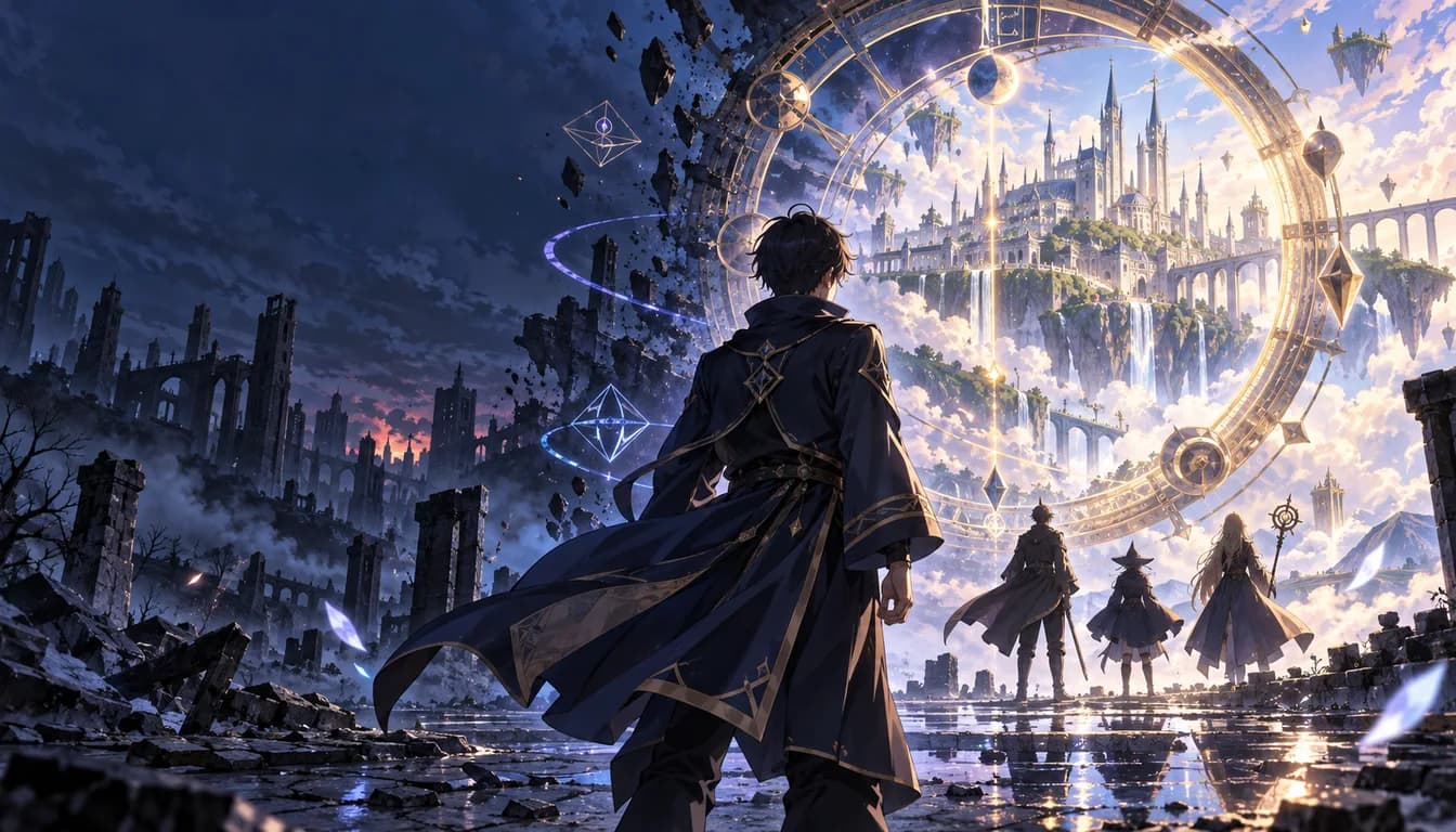 Original fantasy illustration of a time-traveling mage facing a luminous clockwork portal between a ruined city and a magical academy