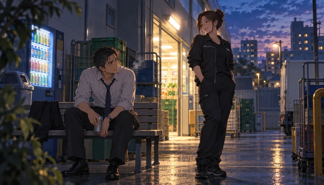 Original evening illustration of two tired adults taking a quiet break behind a neighborhood supermarket