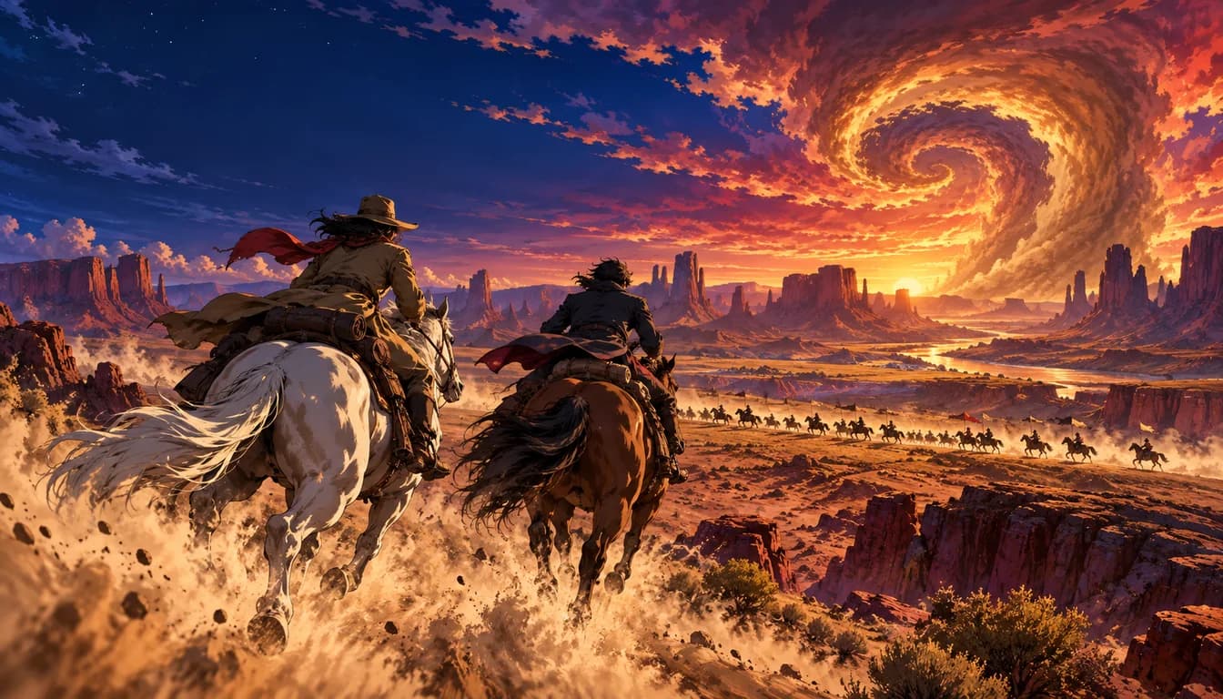 Original illustration of two riders racing across a surreal American desert toward a spiral-shaped dust storm
