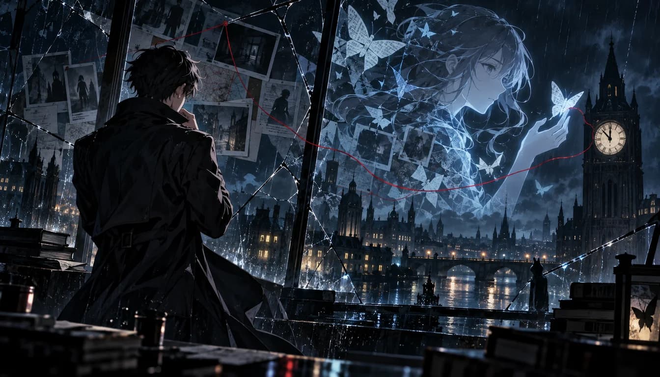 Original noir illustration of a young investigator following a crimson clue toward a spectral detective and a midnight clock tower