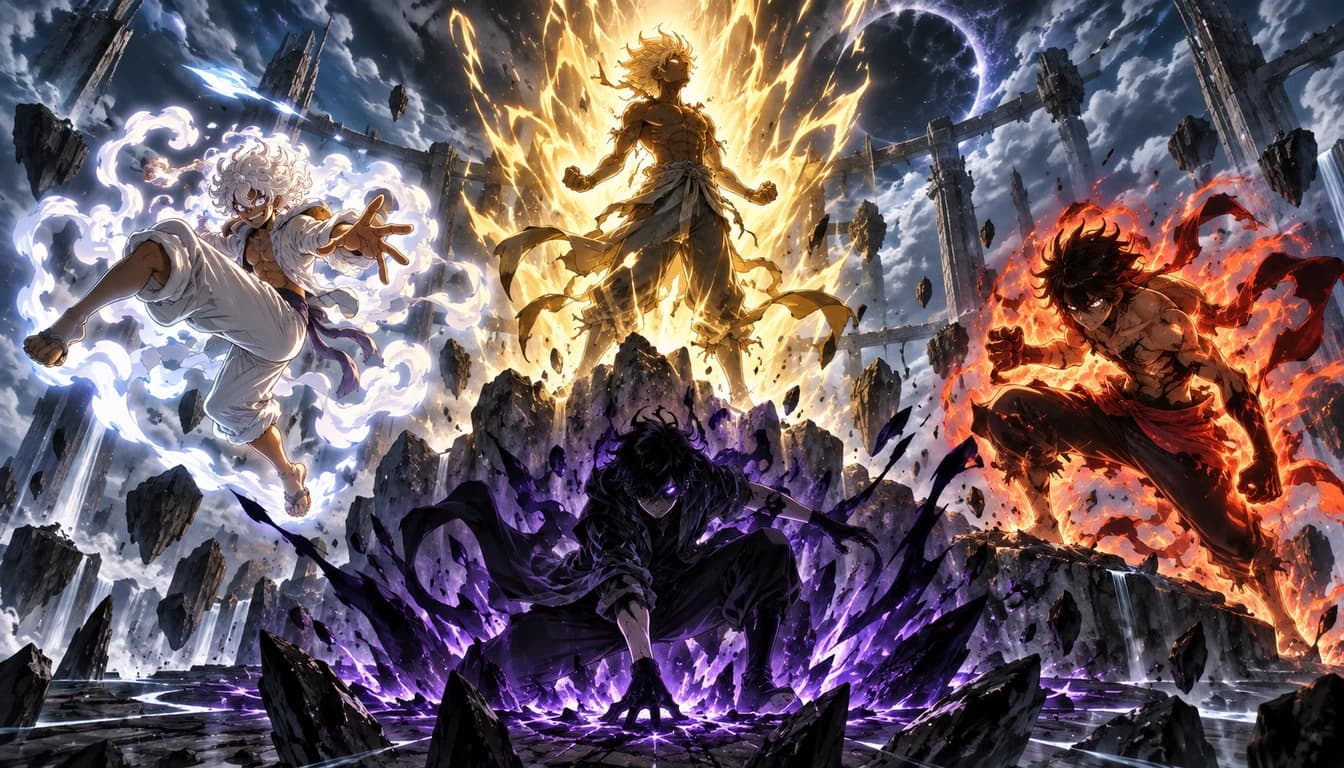 Four anime-inspired fighters surrounded by gold, white, red, and violet power-up energy