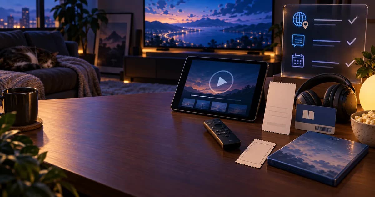 Home movie desk with legal viewing routes and an anime film availability checklist