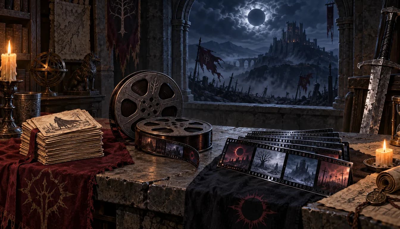 Original medieval archive showing episode parchments, film reels, remaster frames and a sword beneath an eclipse