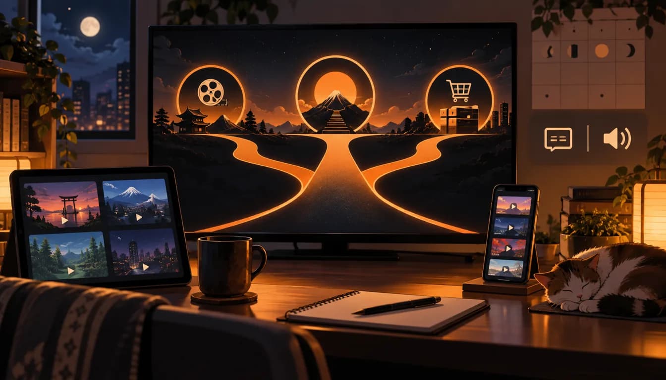 Original midnight viewing desk with television, tablet and phone connected by three orange viewing paths