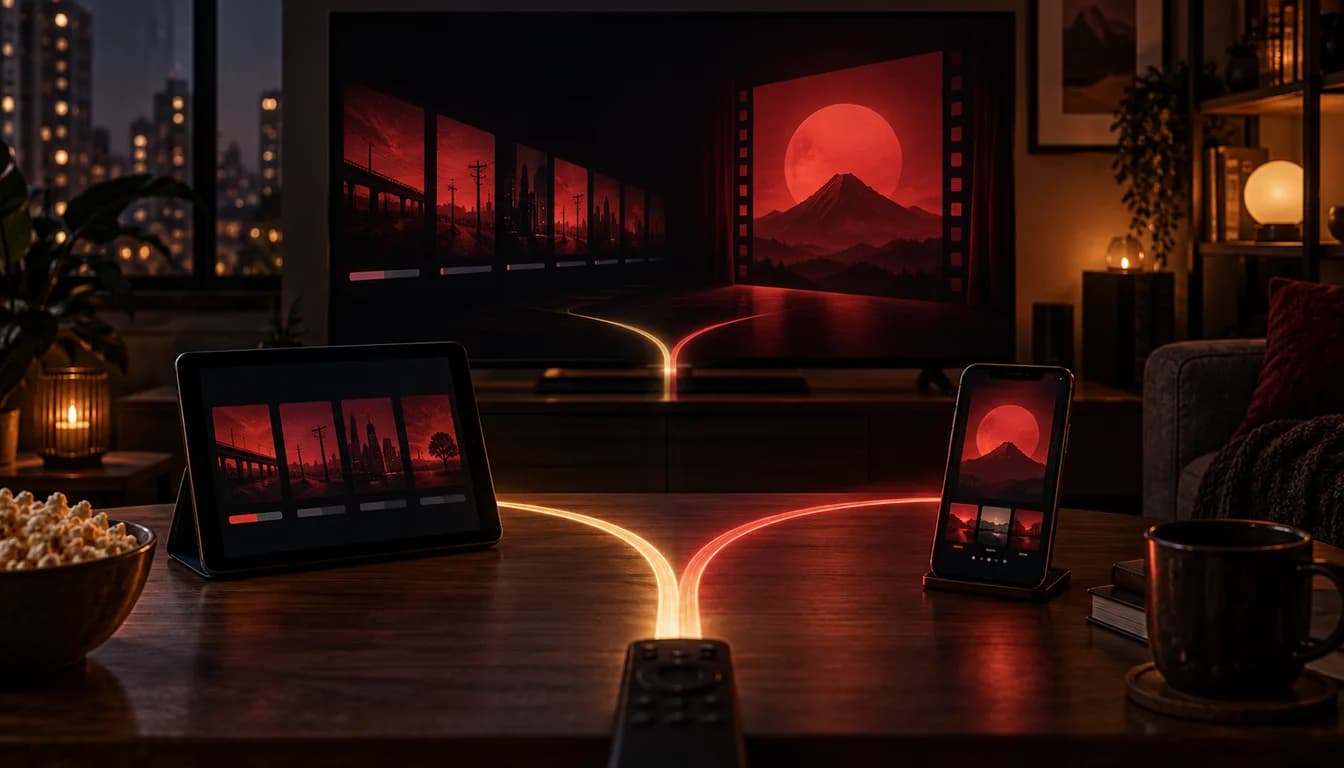 Original nighttime viewing room with television, tablet and phone connected by separate glowing series and movie paths