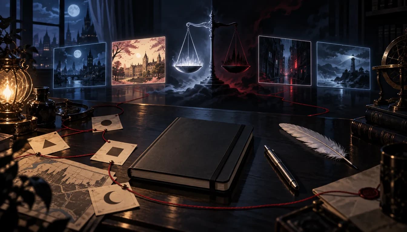Dark investigation desk with a blank notebook, feather, balance scale, clue cards, and four glowing viewing panels