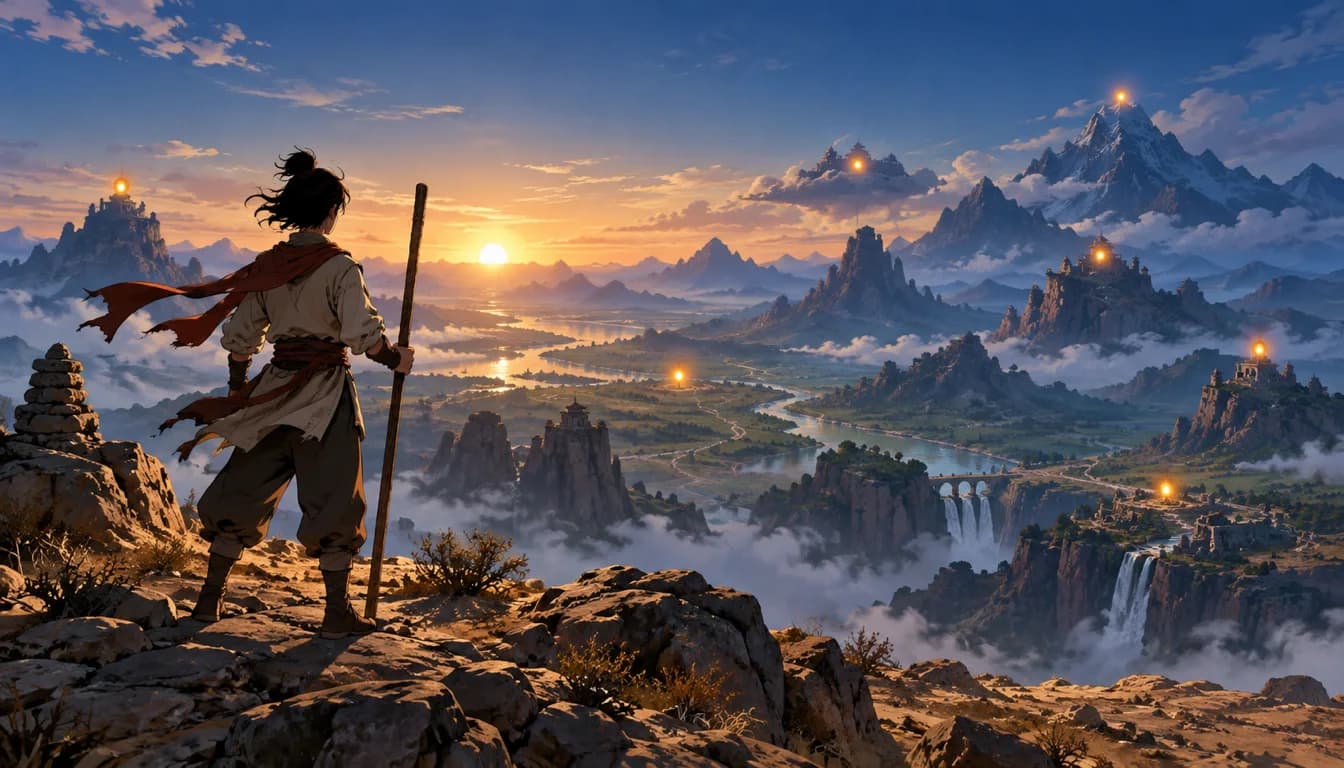 A lone martial artist with a wooden staff overlooking a mountain landscape marked by seven distant amber lights