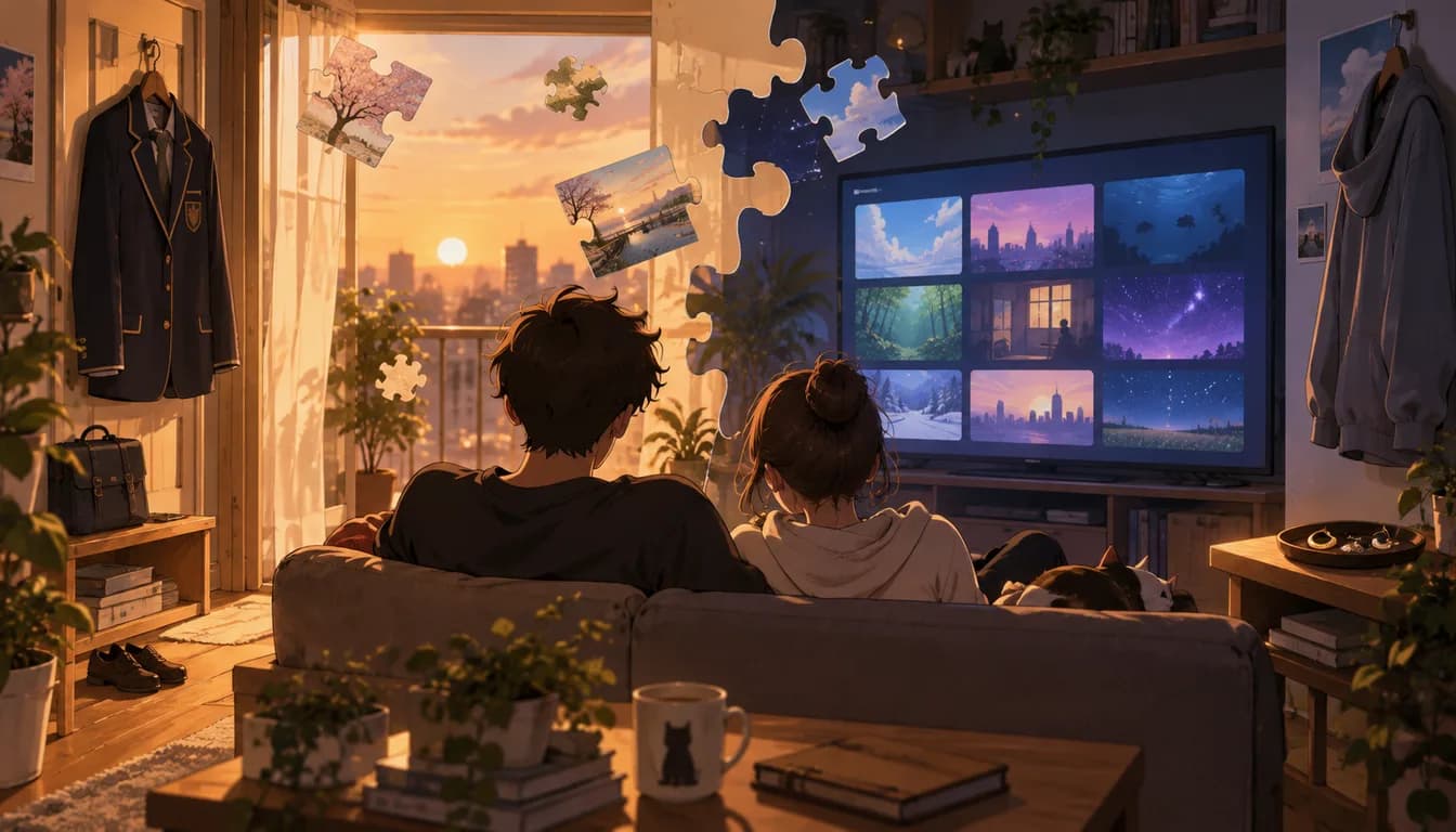 Original illustration of two viewers in a warm apartment facing abstract streaming tiles joined by puzzle pieces