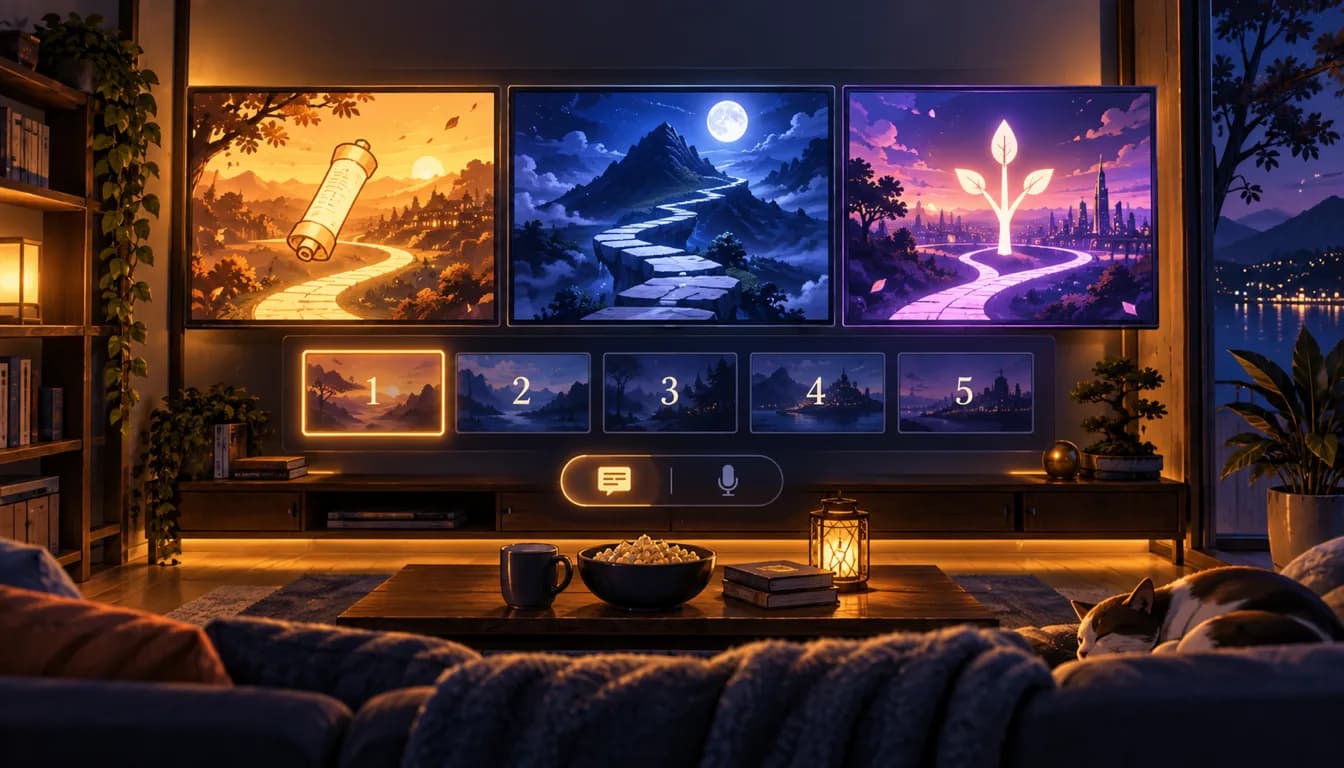Original evening media room with three abstract story paths, numbered episode cards and subtitle controls
