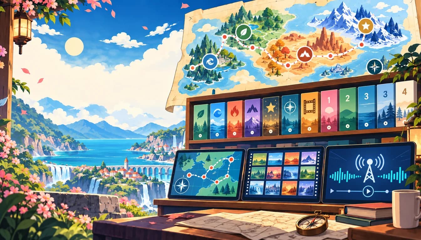 Abstract viewing map with route lines, elemental symbols, episode cards, and a live broadcast waveform