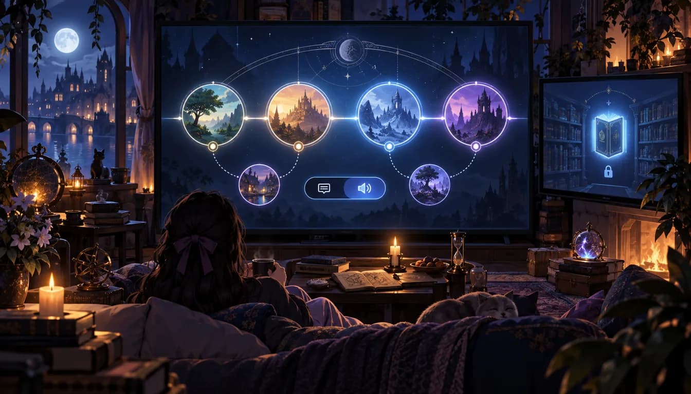 Original dark-fantasy media room showing four timeline chapters, two side-story nodes and subtitle controls