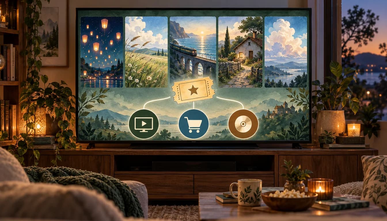 Original home cinema display with abstract hand-painted landscapes and separate subscription, purchase and disc viewing paths