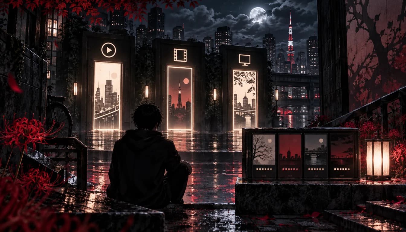 Rainy Tokyo night with three illuminated viewing doors and an abstract four-part season ledger