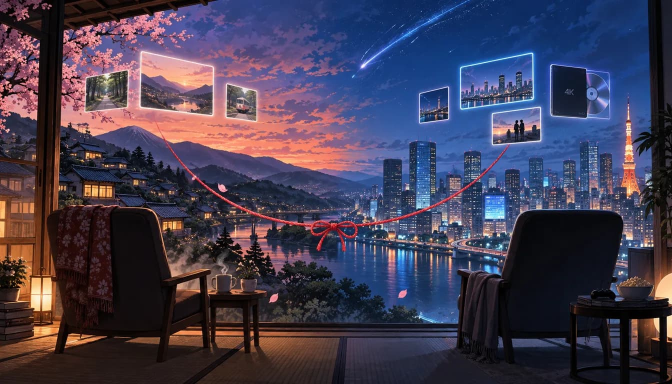 Original twilight media room joining a mountain town and Tokyo skyline with a red braided cord