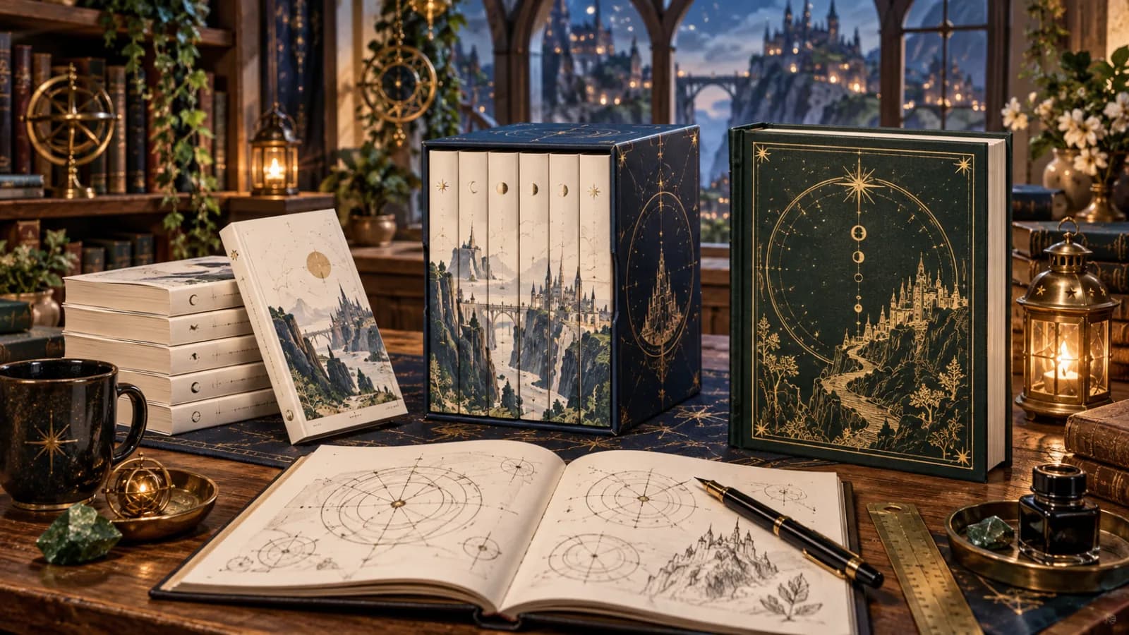 Magical library desk comparing paperback volumes, a six-book box set, a gold hardcover, and a digital reading tablet