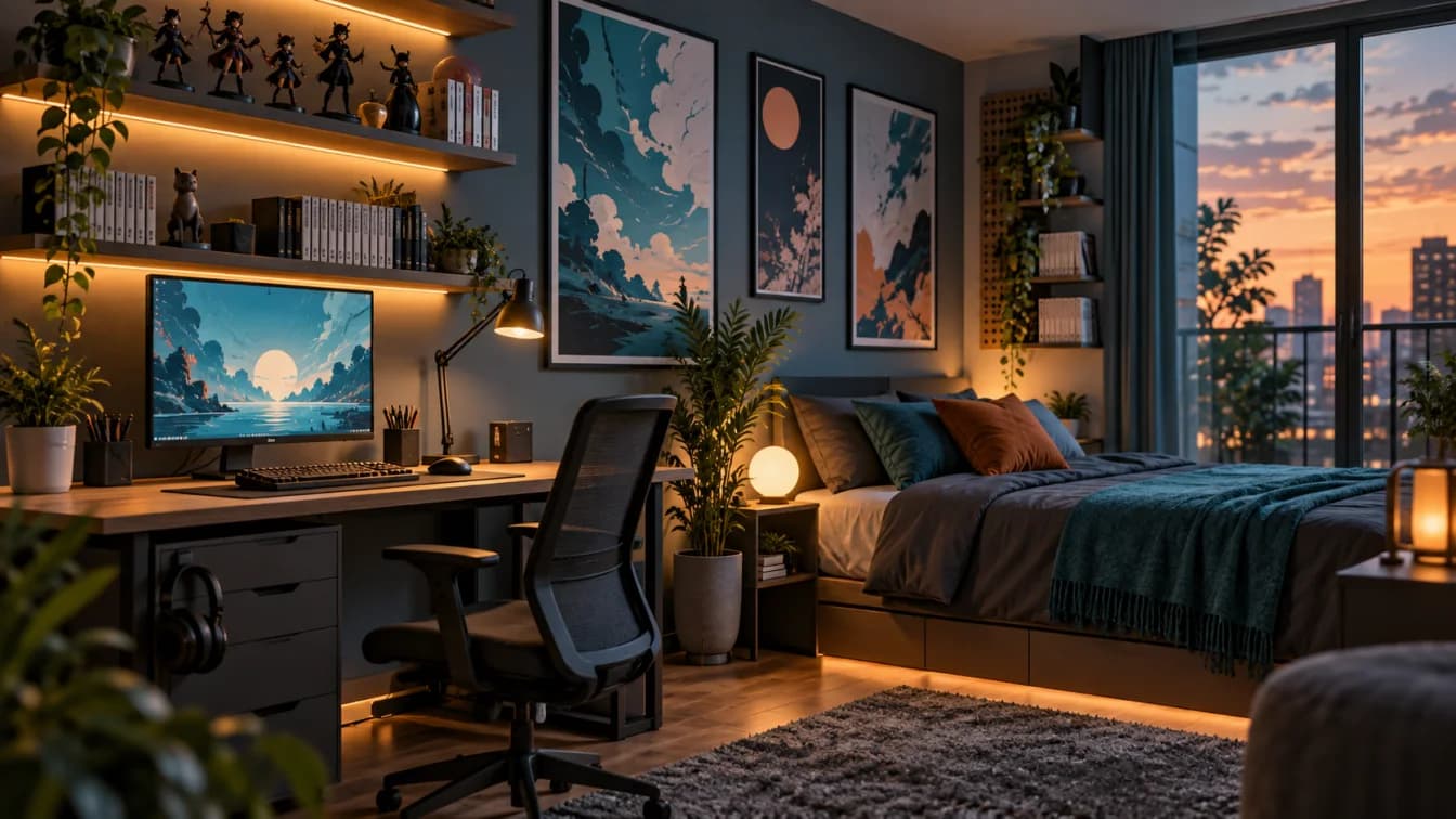 Original anime-inspired bedroom with an organized desk, abstract framed art, blank manga spines, generic figures and warm shelf lighting