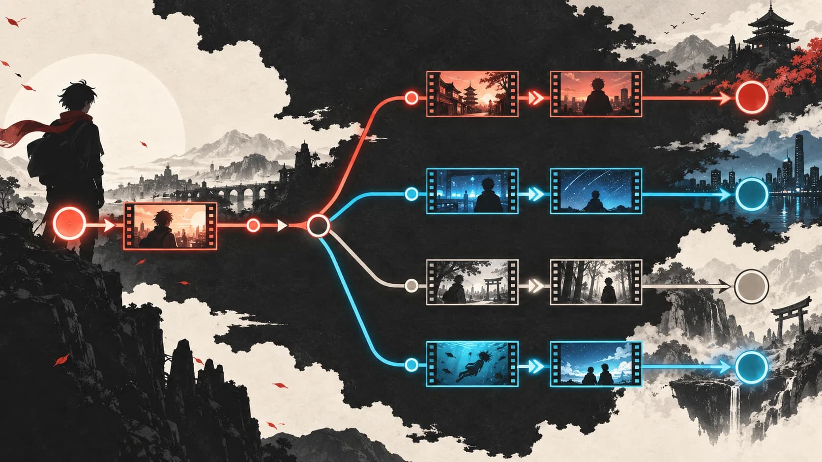 Abstract branching film route map illustrating alternate anime watch orders