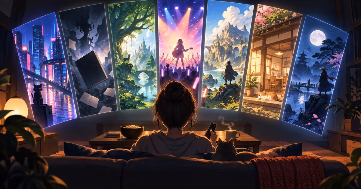Viewer choosing among seven glowing story worlds from a cozy living room