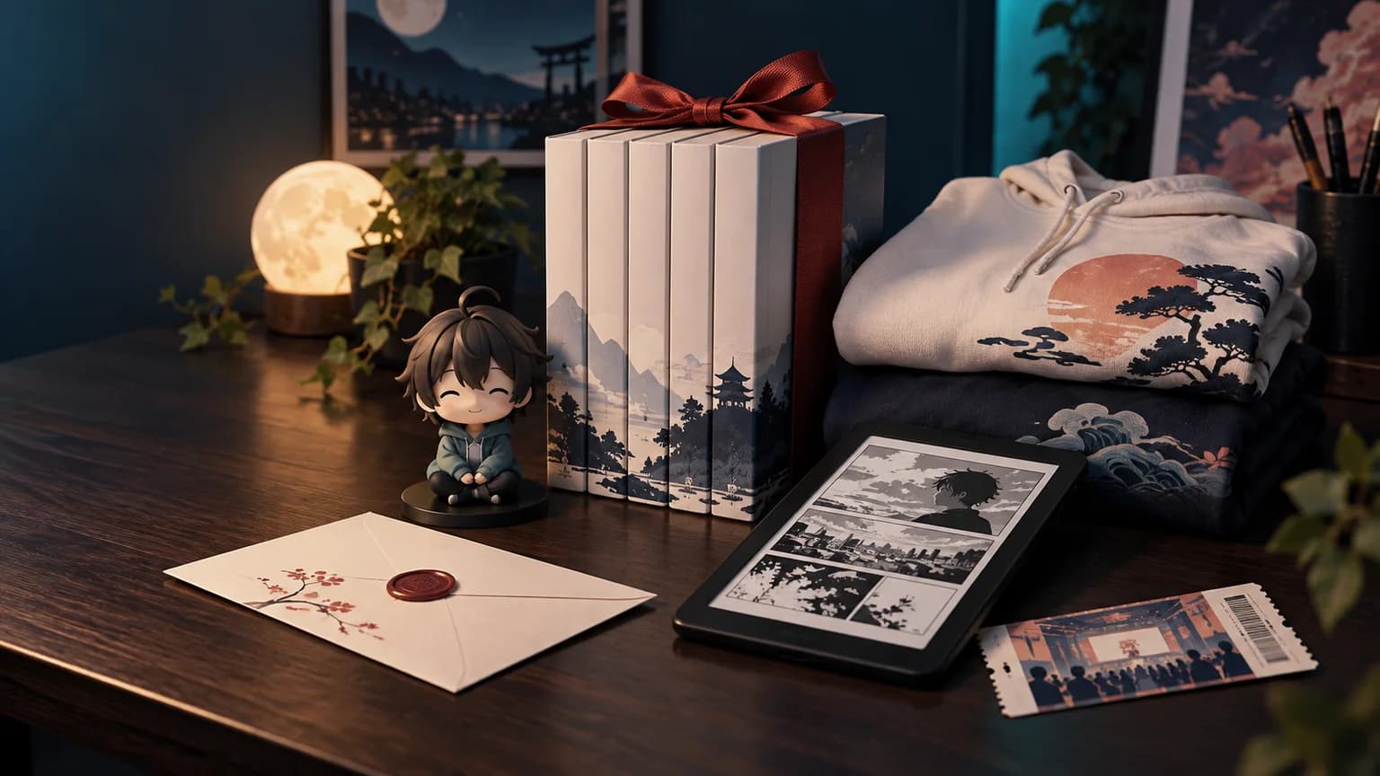 Original anime-inspired gift scene with blank manga volumes, a generic figure, apparel, an e-reader and a ticket