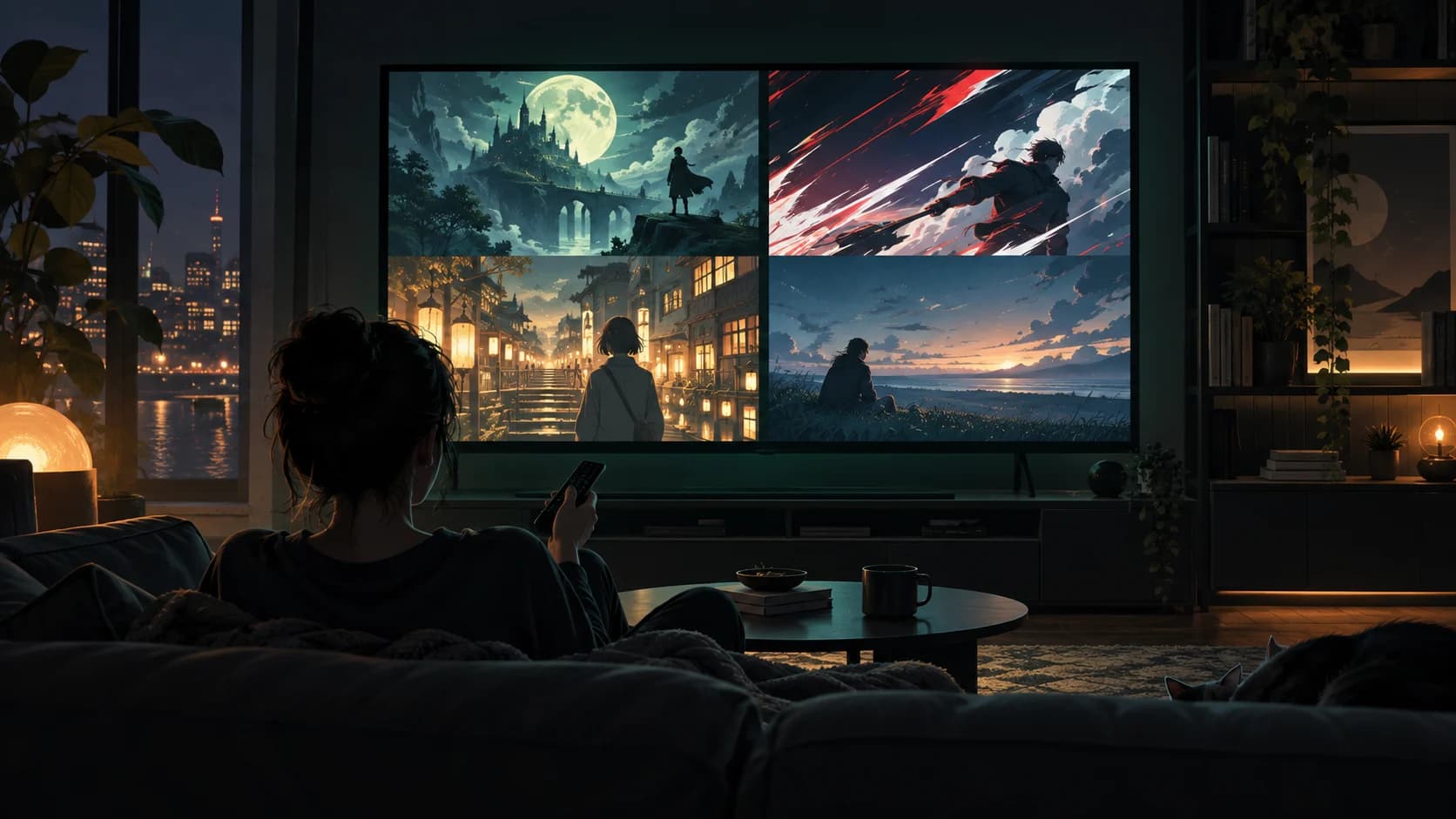 Original editorial illustration of a viewer choosing among four anime moods on a television in a dark, cozy living room