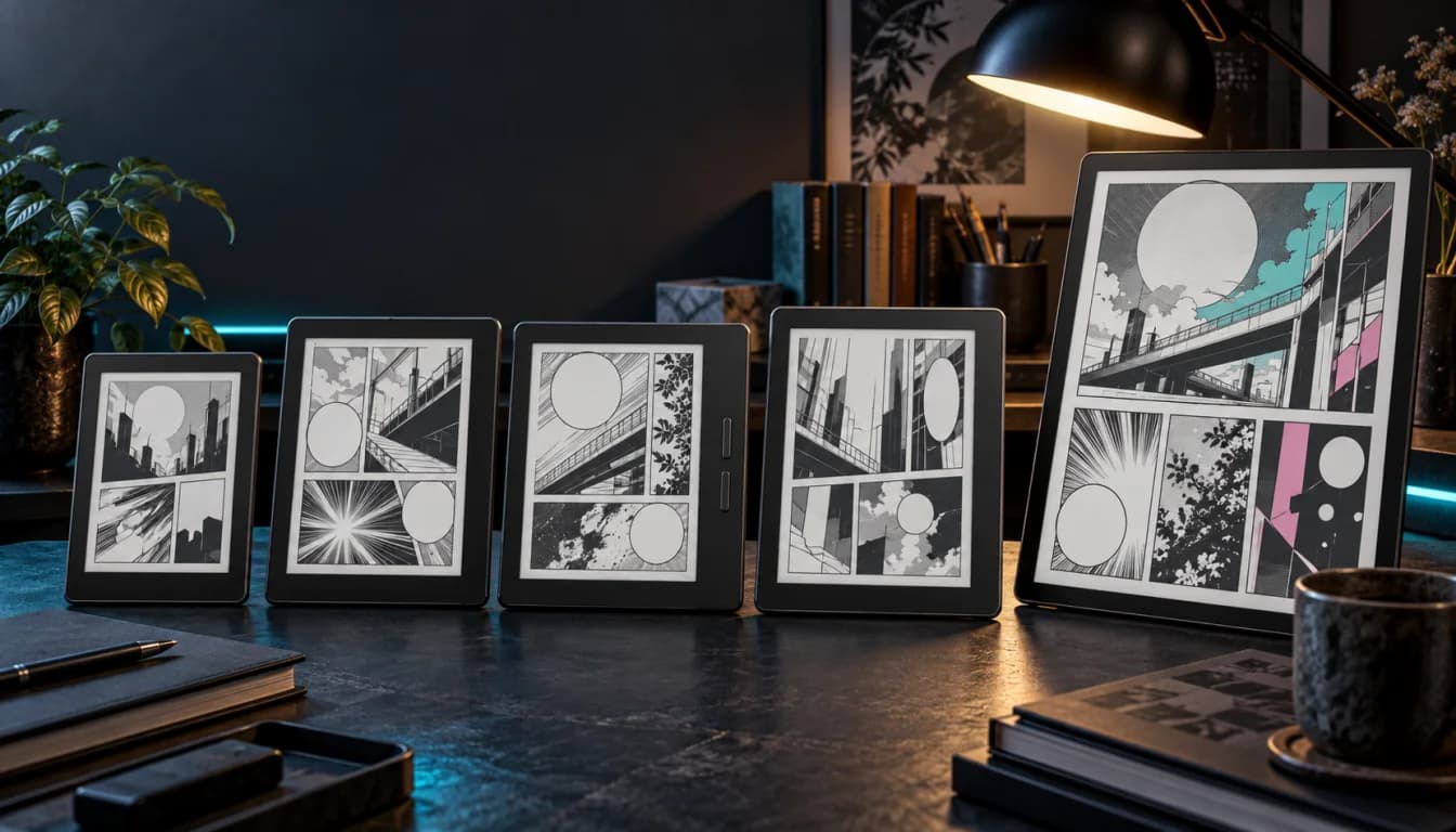 Five generic e-ink readers showing original abstract manga panels on a dark desk