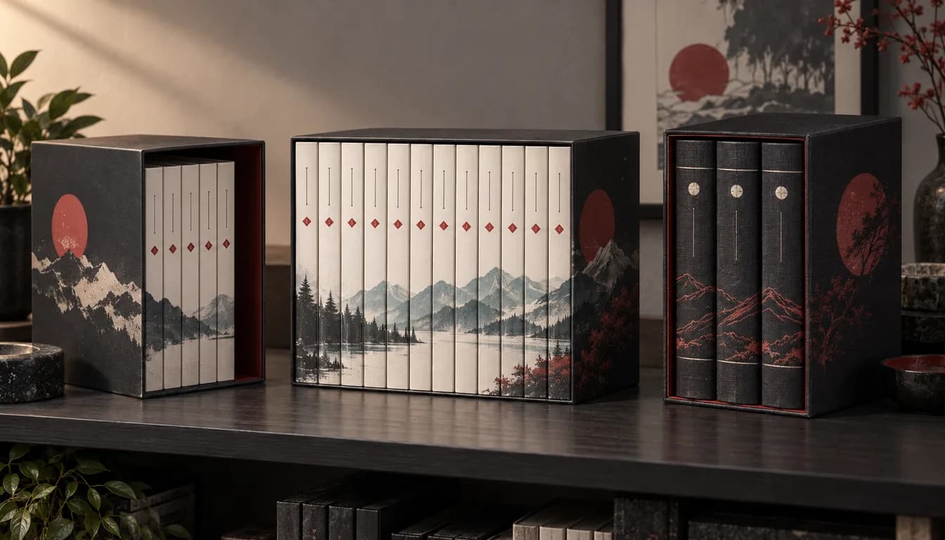 Three original manga box-set styles on a dark collector shelf
