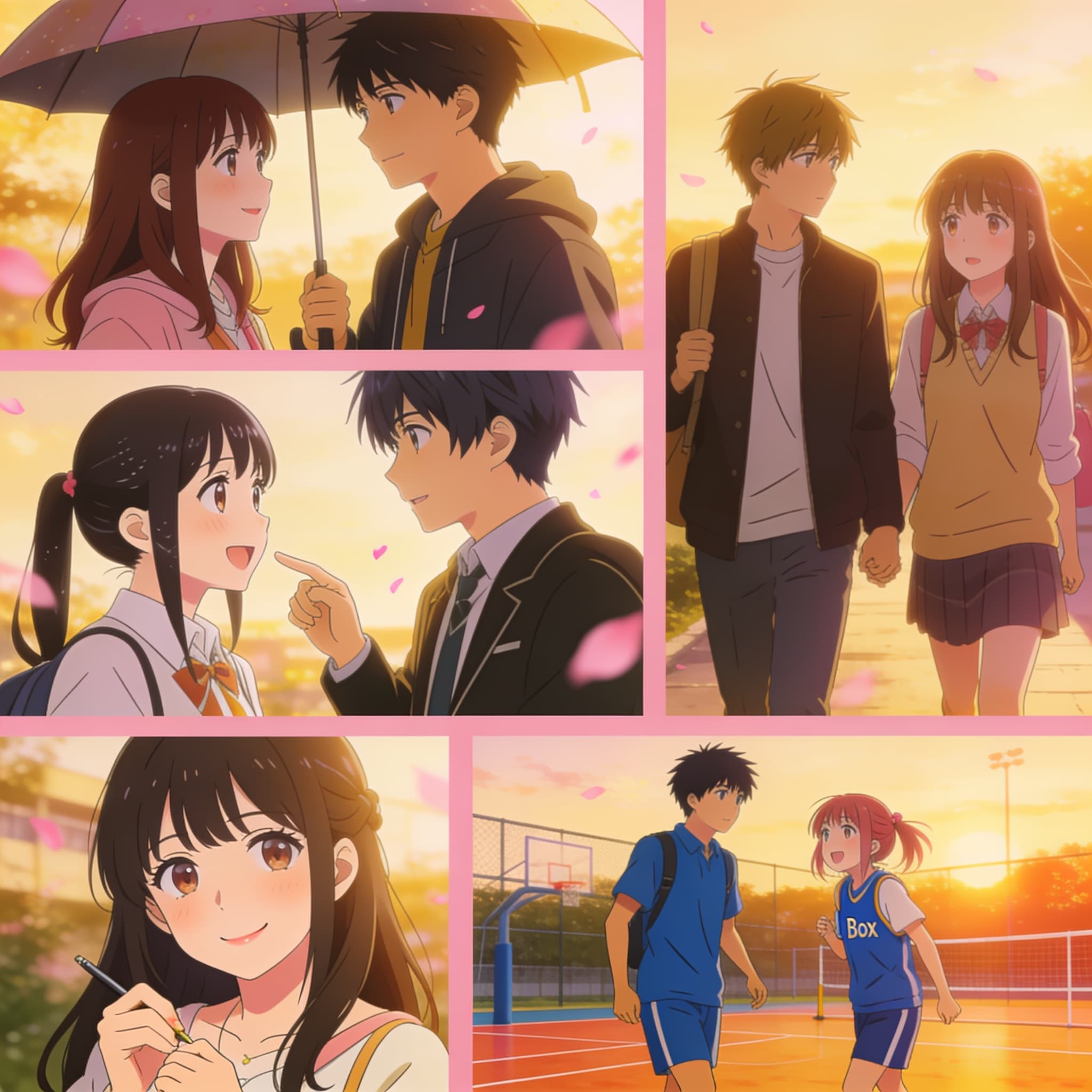 Collage of anime couples at sunset: Anna Yamada and Kyotaro Ichikawa (The Dangers in My Heart), Kaguya Shinomiya and Miyuki Shirogane (Kaguya-sama: Love Is War), Hori and Miyamura (Horimiya), Taiki and Chinatsu (Blue Box)