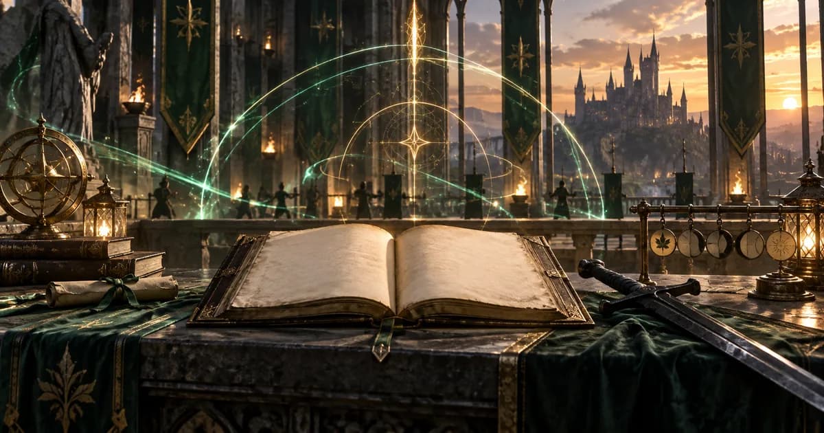 Original fantasy magic-knight hall with an open grimoire, sword, emerald spell arcs, and castle at sunset