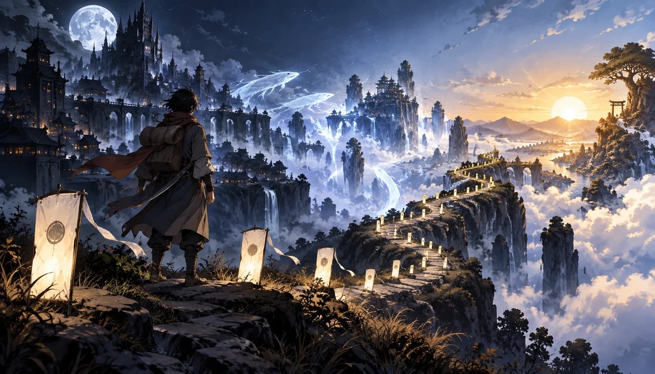 Original fantasy traveler following a lantern-lit mountain path from moonlit night toward sunrise