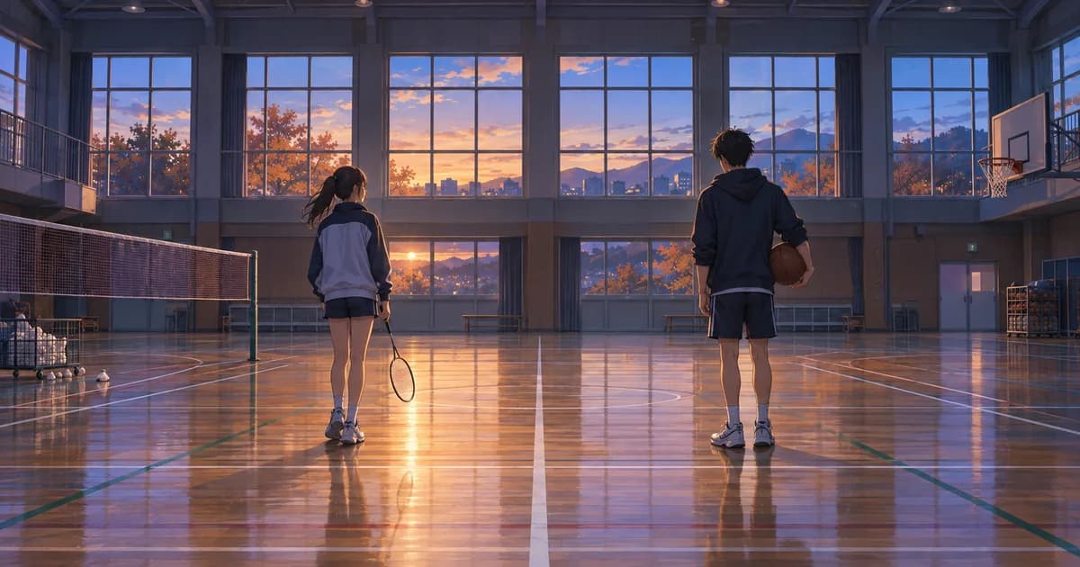 Original illustration of two student athletes holding a badminton racket and basketball in a school gym at sunset