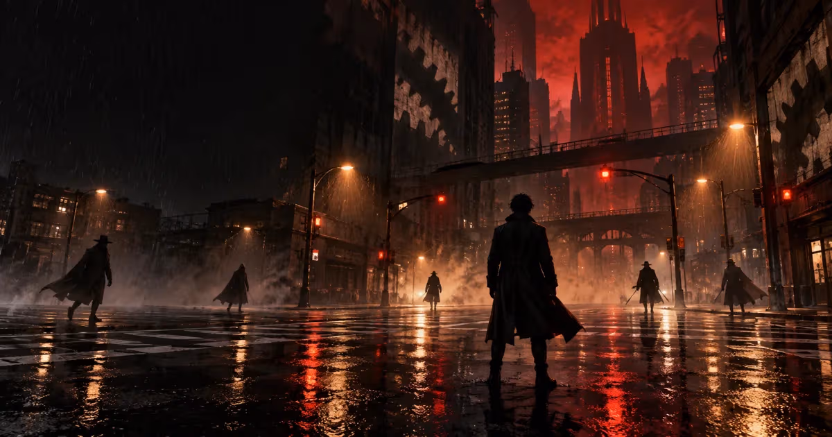 Original neo-noir illustration of an anonymous figure surrounded by distant hunters at a rain-soaked red city intersection