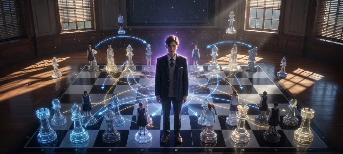A uniformed student stands at the center of a giant chessboard surrounded by luminous pieces.