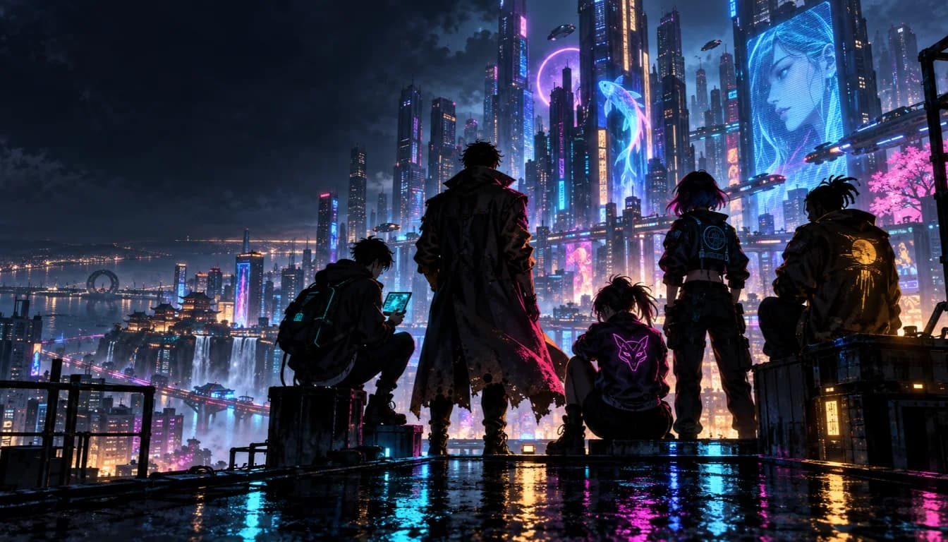 Original illustration of a new crew overlooking a neon cyberpunk city from a rain-slick rooftop