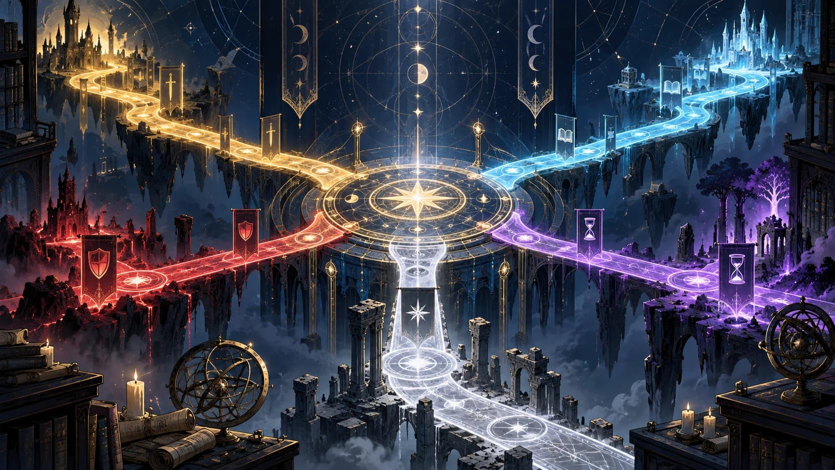 Five glowing fantasy timelines converging in a Fate anime watch-order map